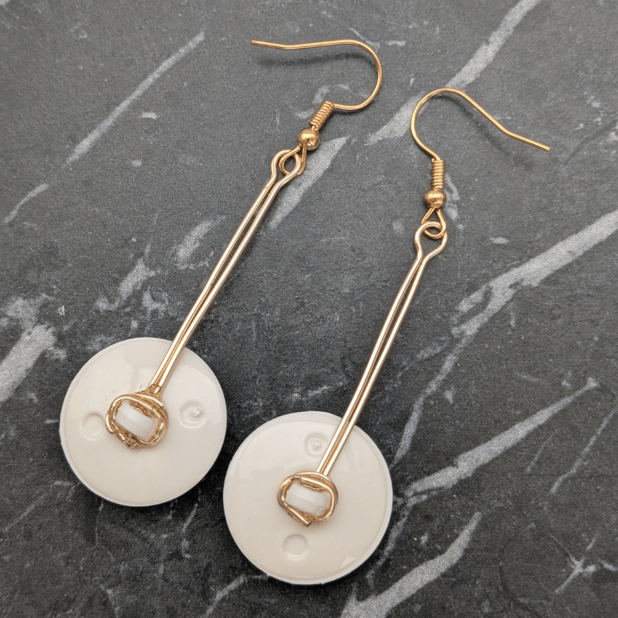 Vintage Button Drop Earrings White and Gold - Image 3