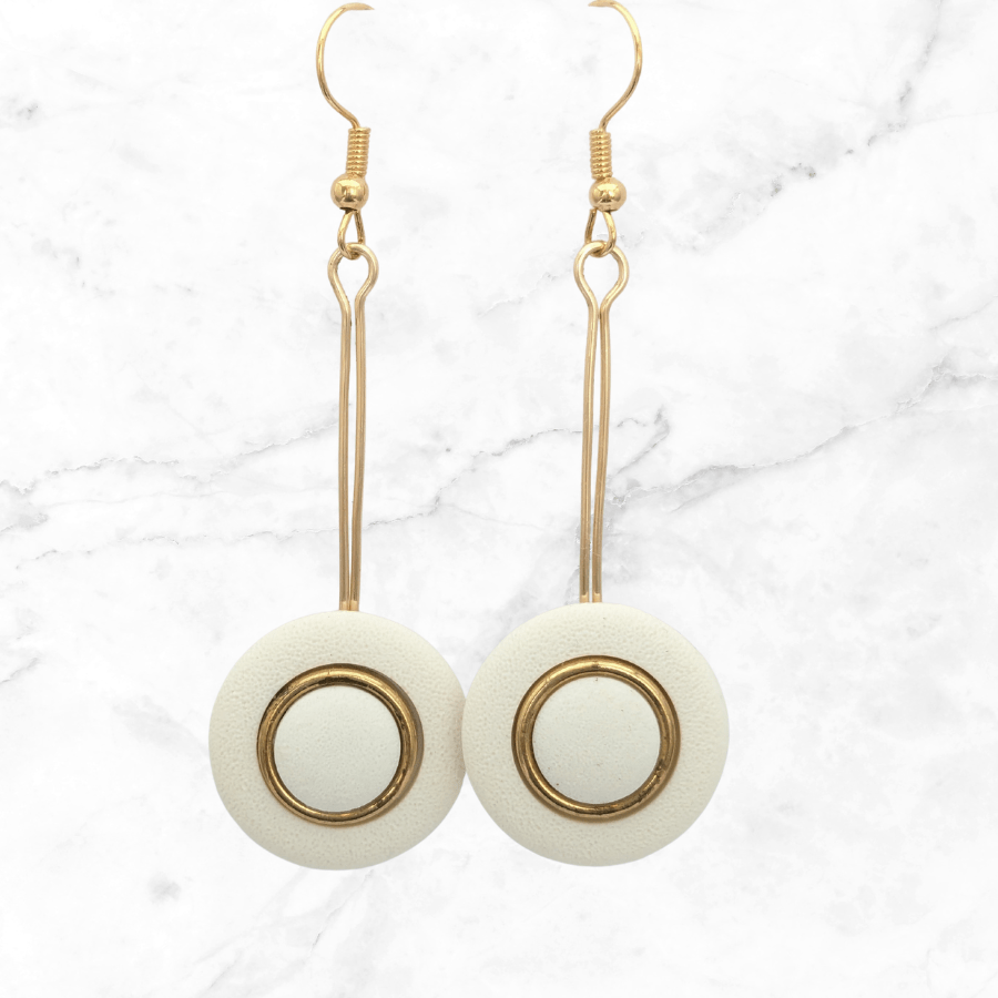 Vintage Button Drop Earrings White and Gold - Image 6