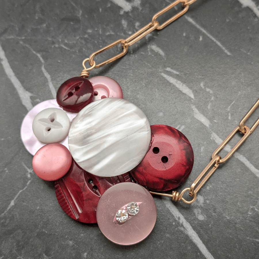 Vintage Button Cluster Necklace Reds and Pinks