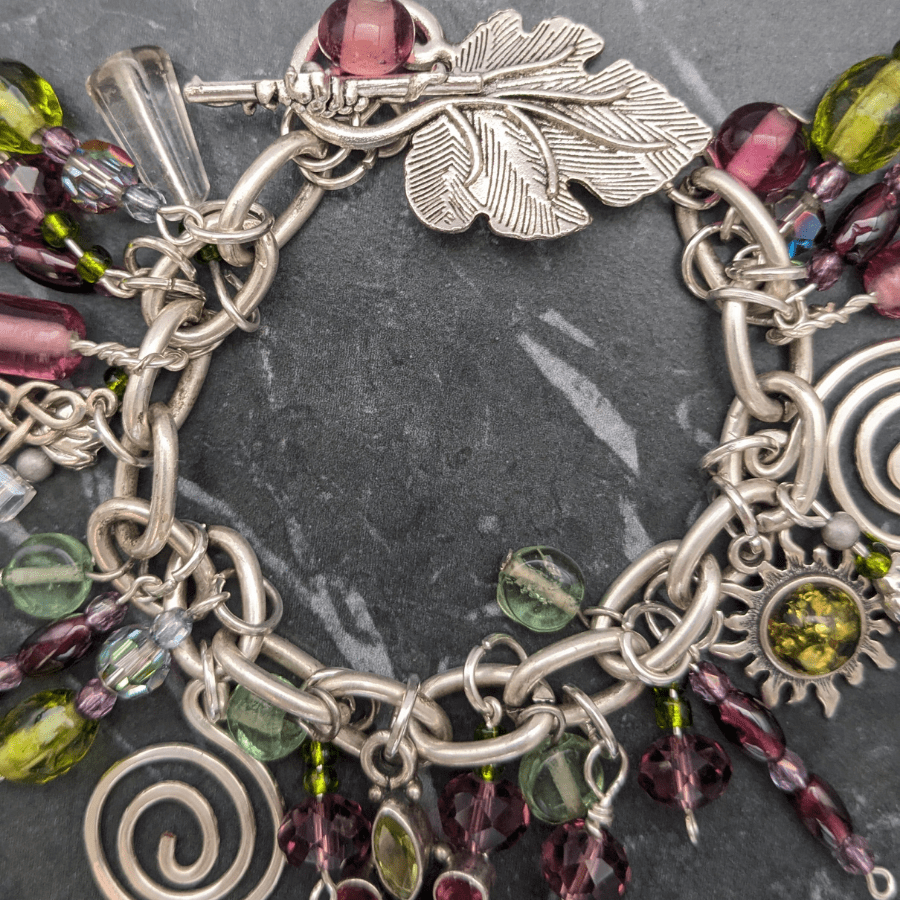 Upcycled Charm Bracelet Green and Purple - Image 4