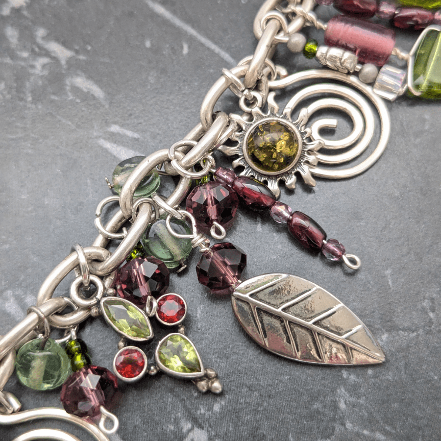 Upcycled Charm Bracelet Green and Purple - Image 5