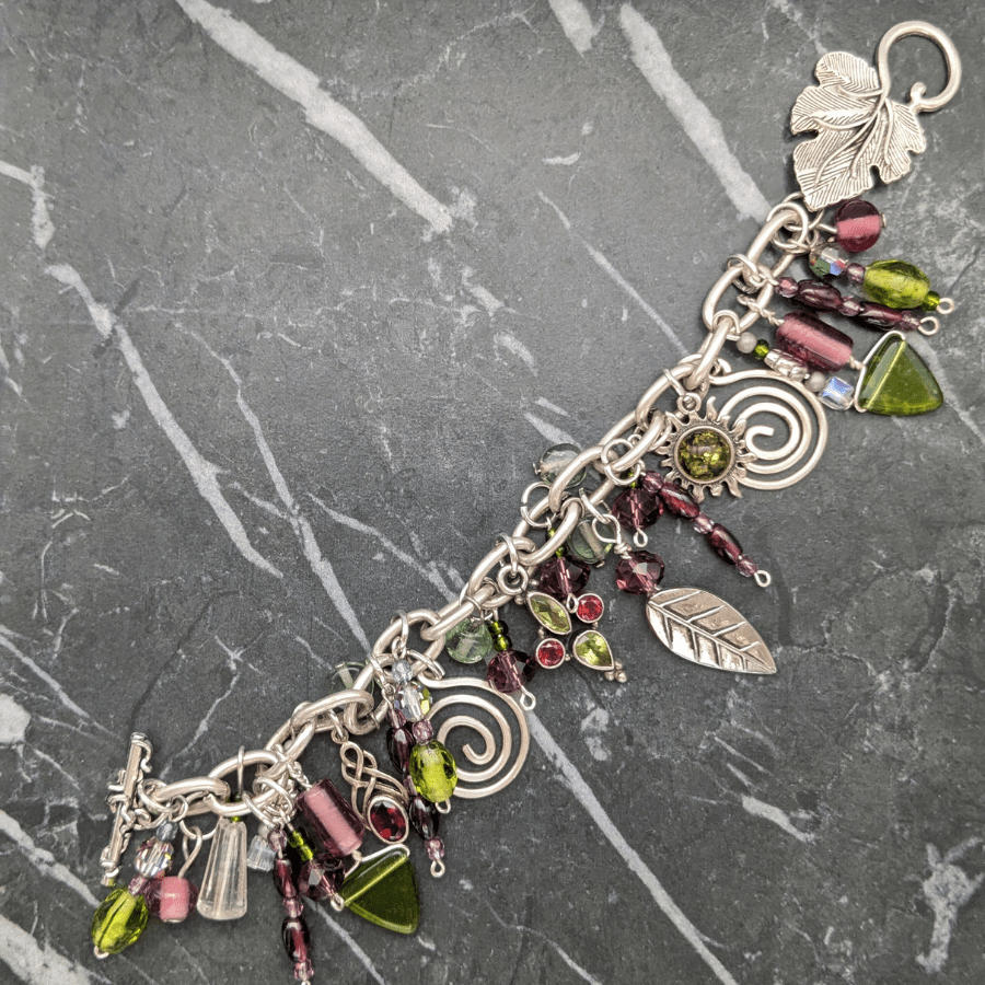 Upcycled Charm Bracelet Green and Purple - Image 6