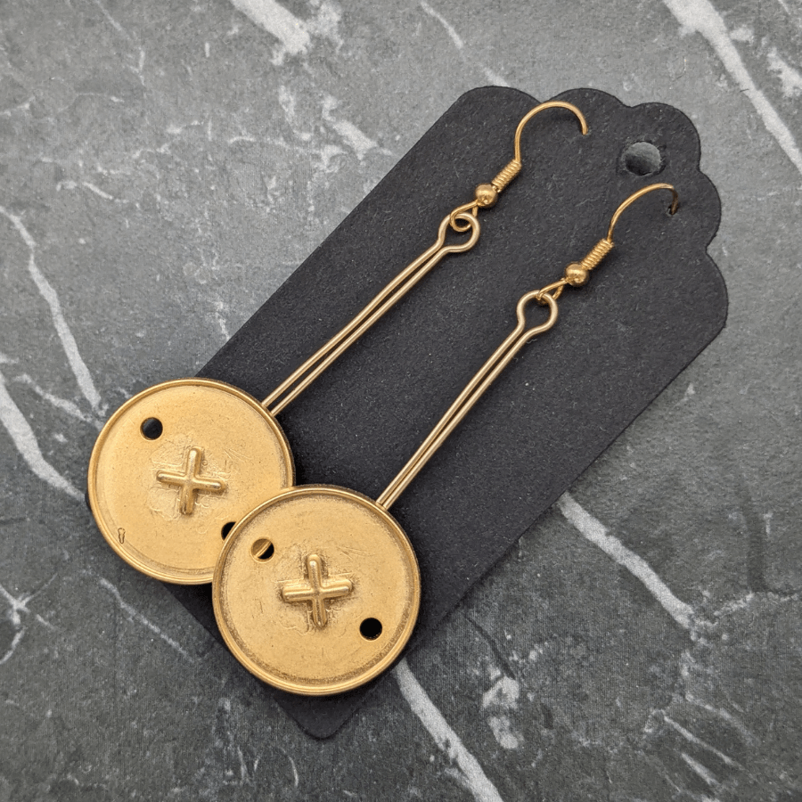 Vintage Cross Button Drop Earrings - Image 2