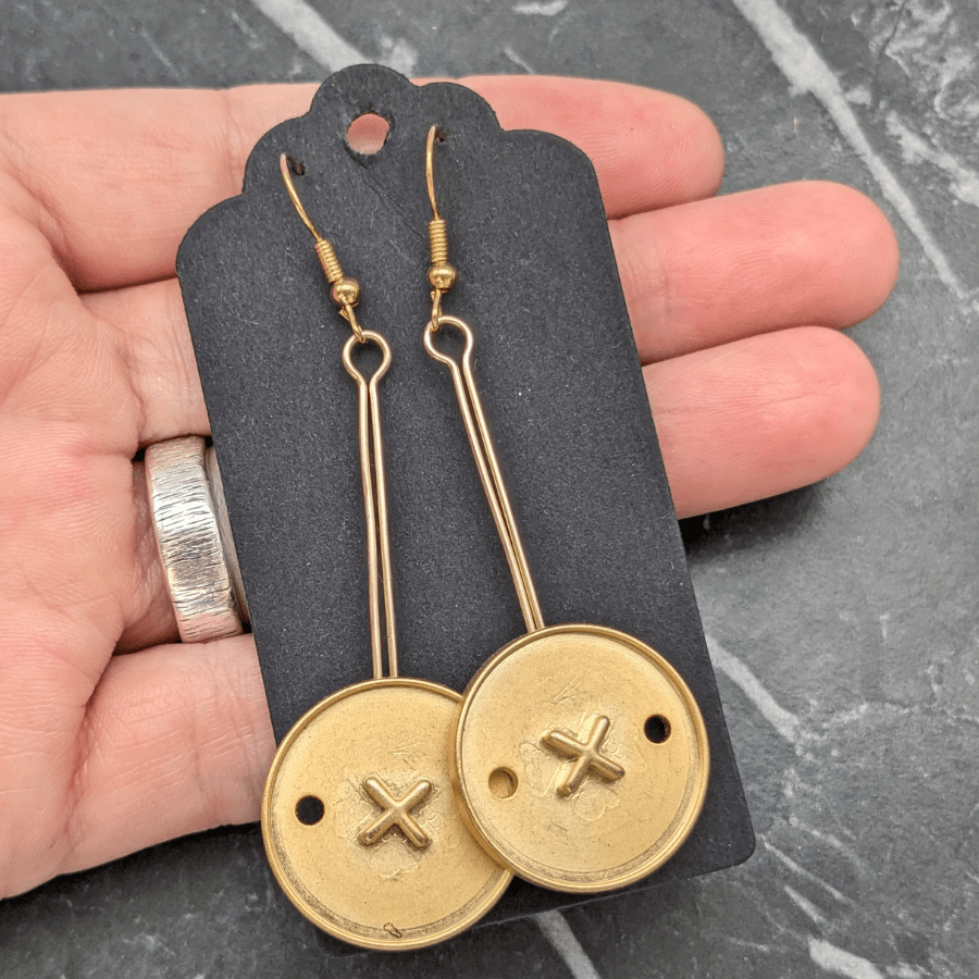 Vintage Cross Button Drop Earrings - Image 4