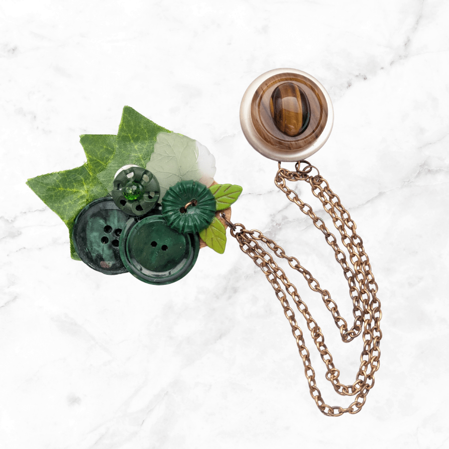 Green Leaf and Tigers Eye Double Brooch - Image 3