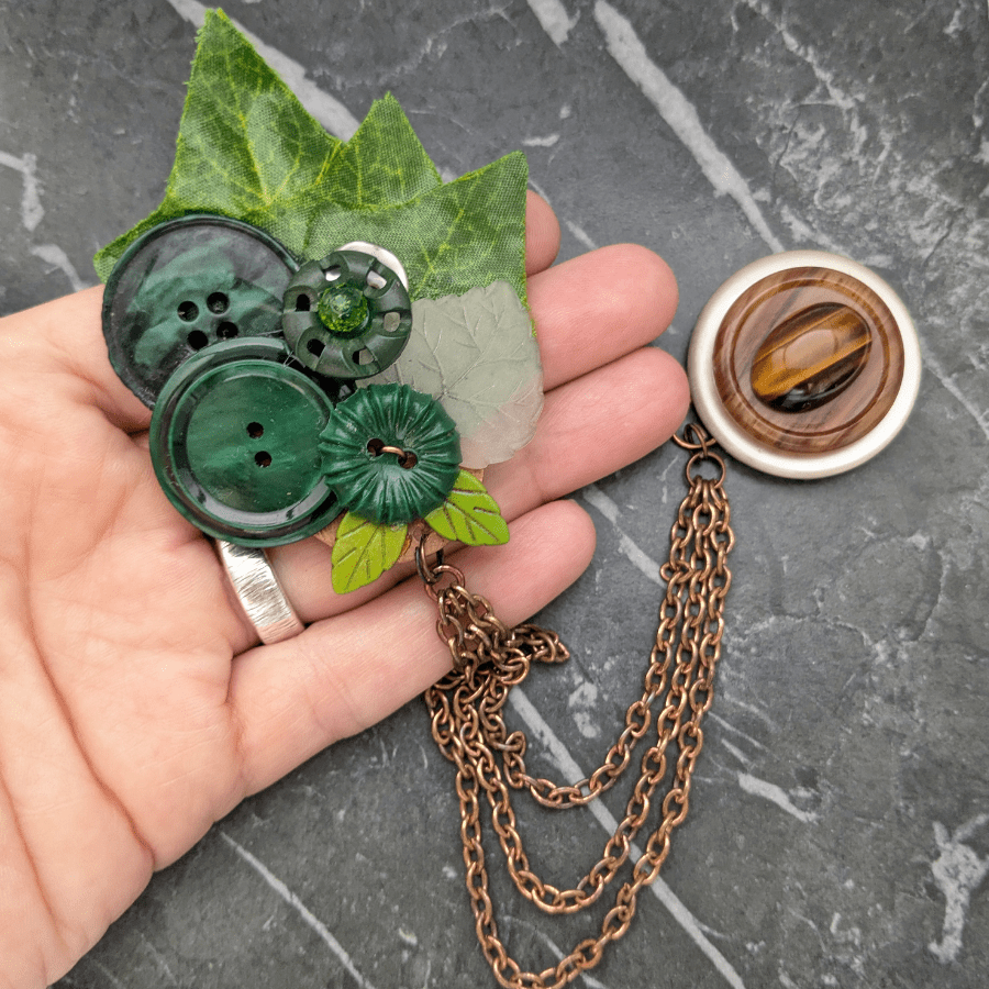 Green Leaf and Tigers Eye Double Brooch - Image 6