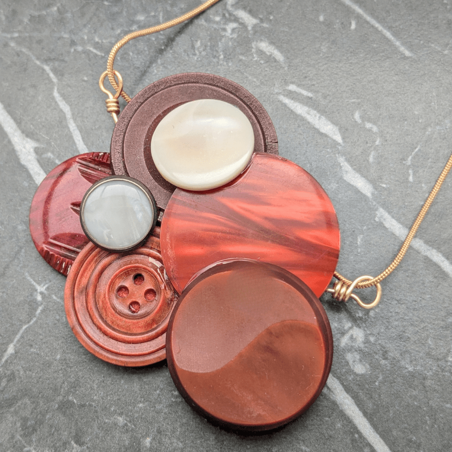 Red Vintage Button Cluster Pendant Necklace - Image 2