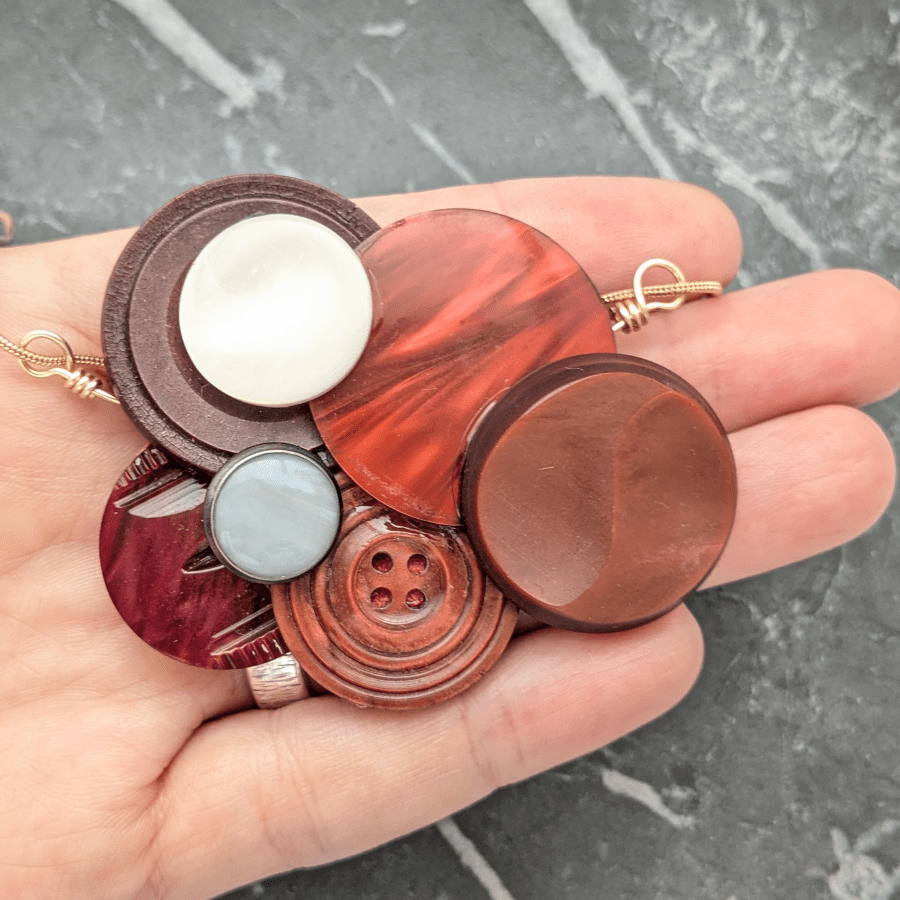 Red Vintage Button Cluster Pendant Necklace - Image 6