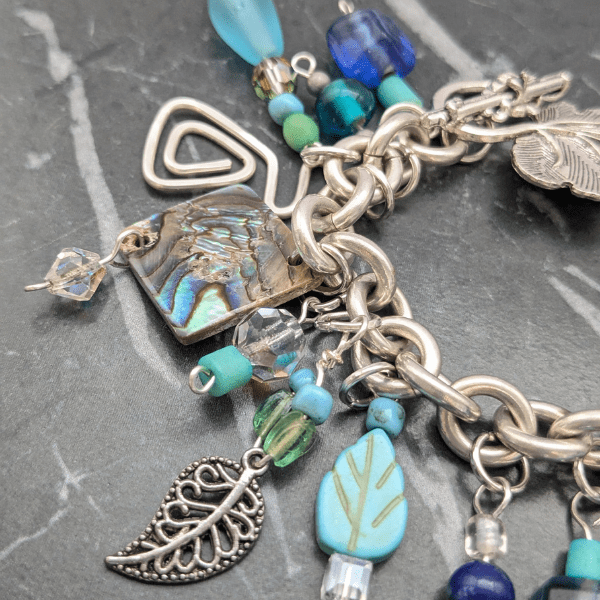 Upcycled Charm Bracelet Blue and Silver - Image 2