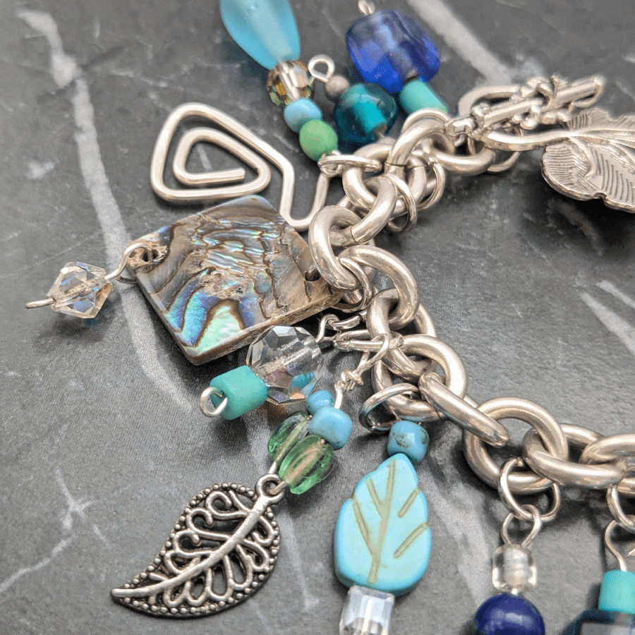 Upcycled Charm Bracelet Blue and Silver - Image 2