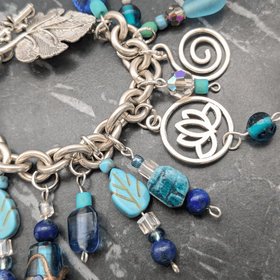 Upcycled Charm Bracelet Blue and Silver - Image 3