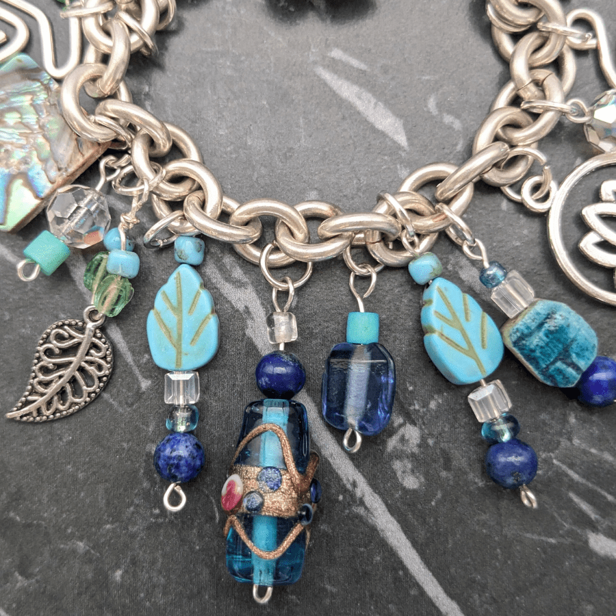 Upcycled Charm Bracelet Blue and Silver - Image 4