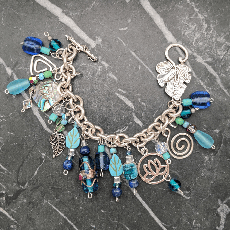 Upcycled Charm Bracelet Blue and Silver - Image 5