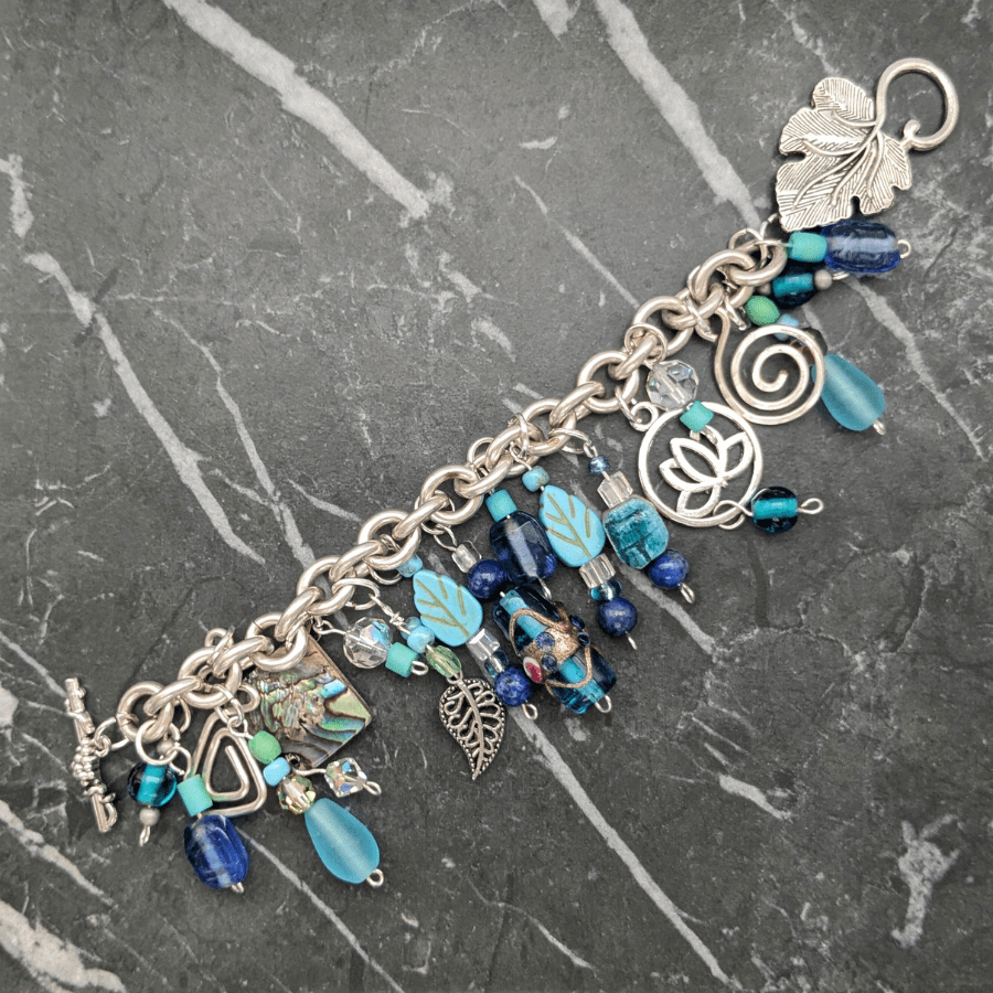 Upcycled Charm Bracelet Blue and Silver - Image 6