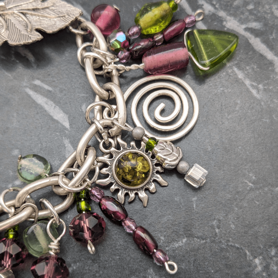 Upcycled Charm Bracelet Green and Purple - Image 2