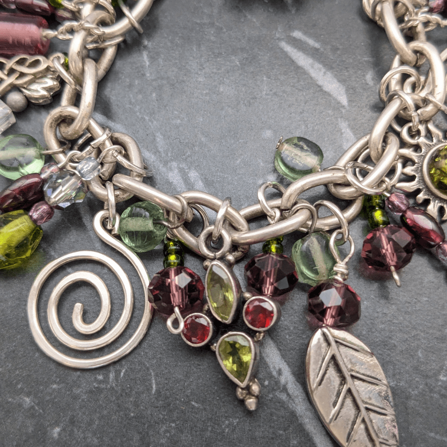 Upcycled Charm Bracelet Green and Purple - Image 3